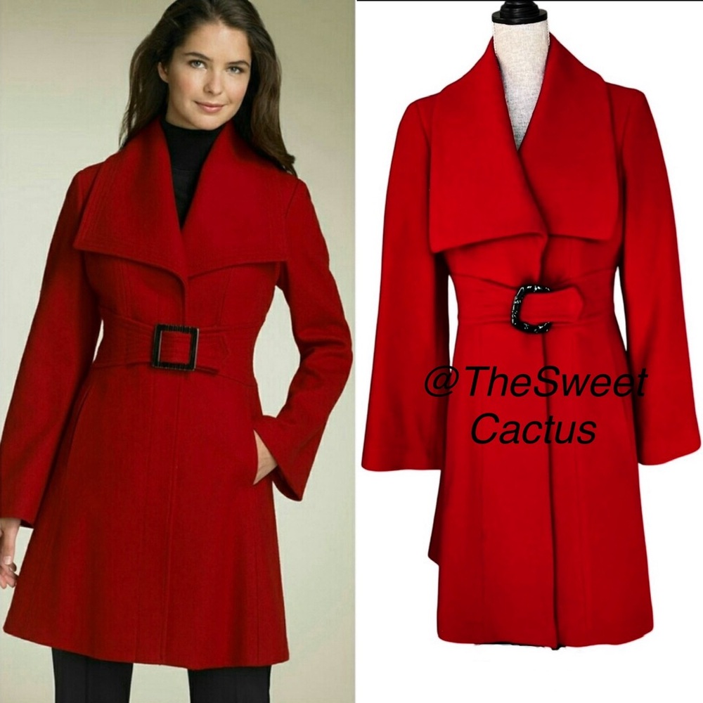 Jessica Simpson Belted Wool Pea Coat Red Large Peplum Fit Flare Classic